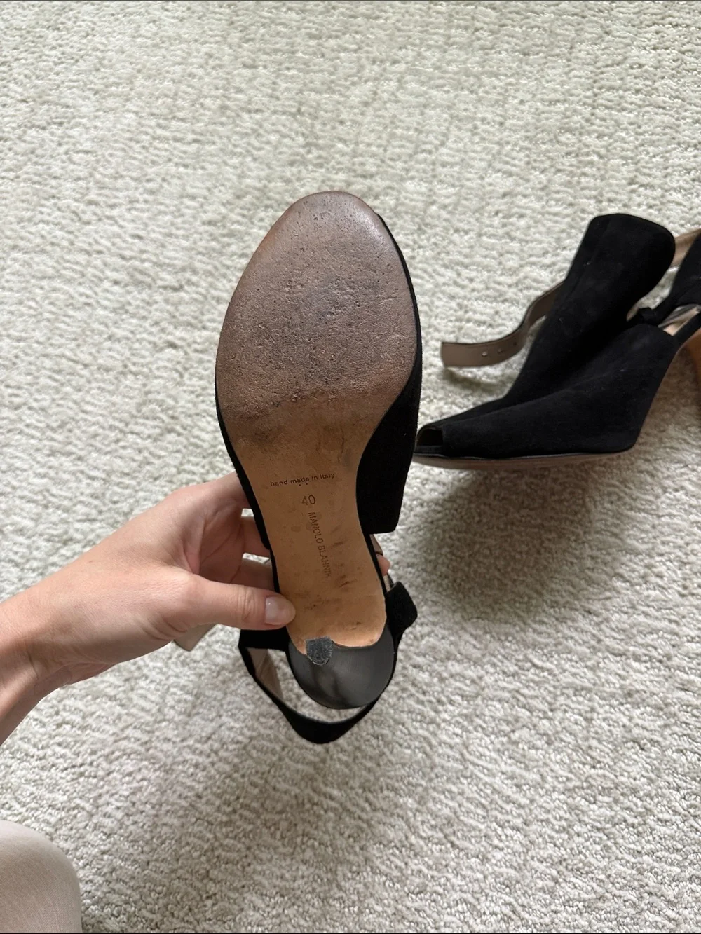 Manolo Blahnik Black Suede Peep-Toe Slingback Heels - Picture 5 of 6